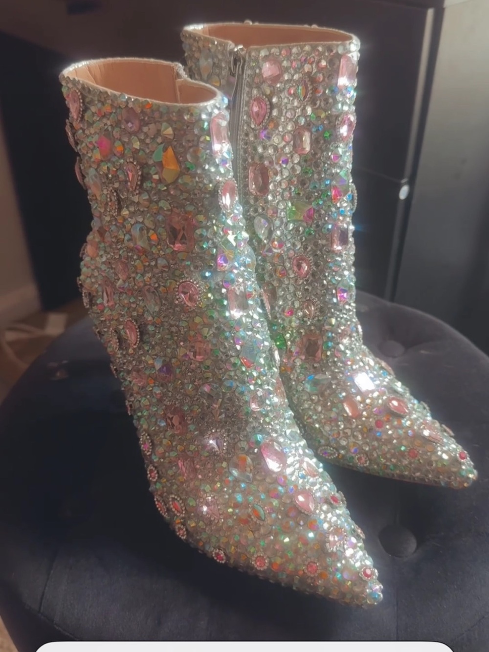 Crystal-Embellished Silver Ankle Boots with Pink Accents